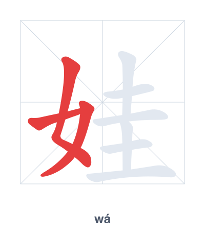 แบบฝึกลำดับเส้นสำหรับ 娃 - wá
